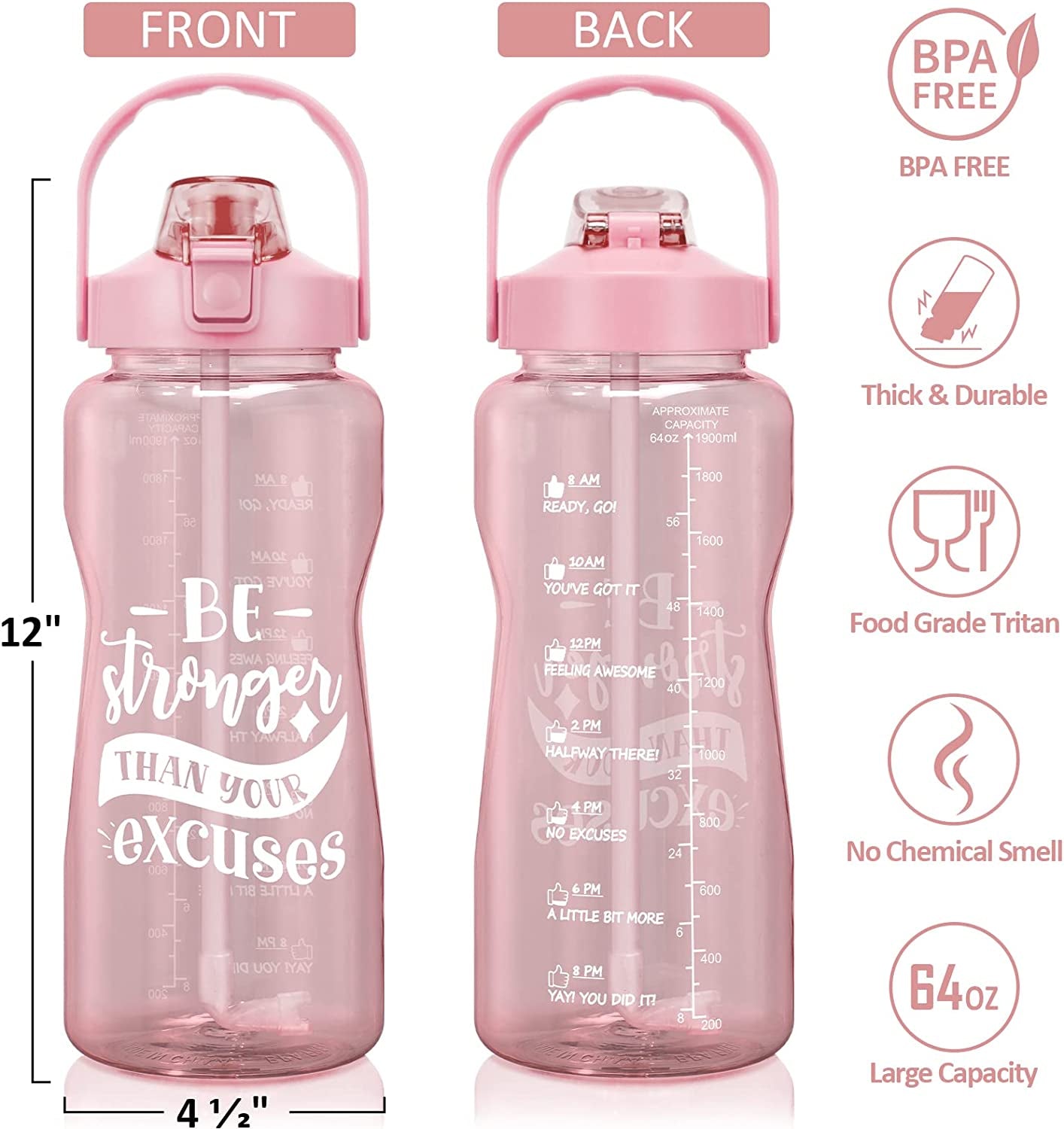 Half Gallon Water Bottle with Sleeve & Strap 64 OZ Water Bottle Motivational with Straw & Time Marker to Drink Leakproof Tritan BPA Free Workout Gym Sport Water Jug Women Men with Neoprene Holder