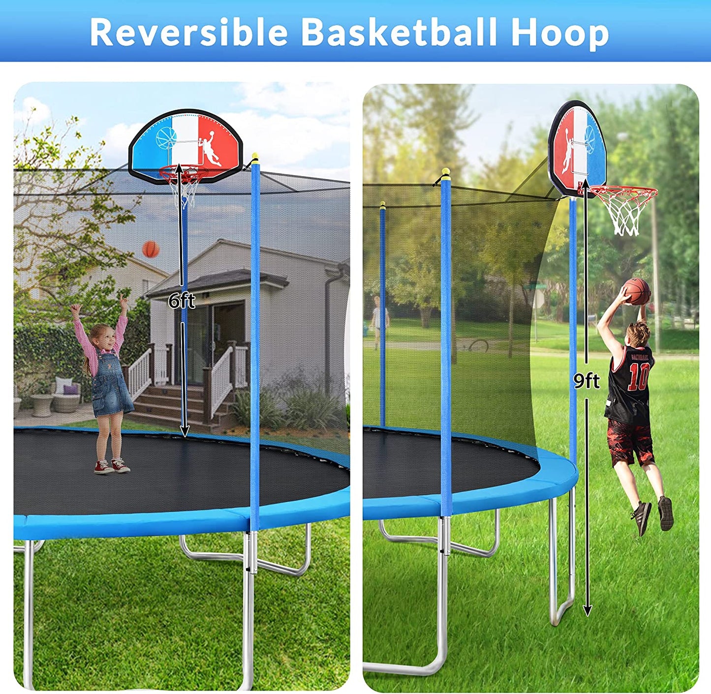 15-Foot Trampoline with Safety Enclosure, Basketball Hoop, and Ladder - ASTM Approved for 800 LB Capacity with Tricolor Backboard