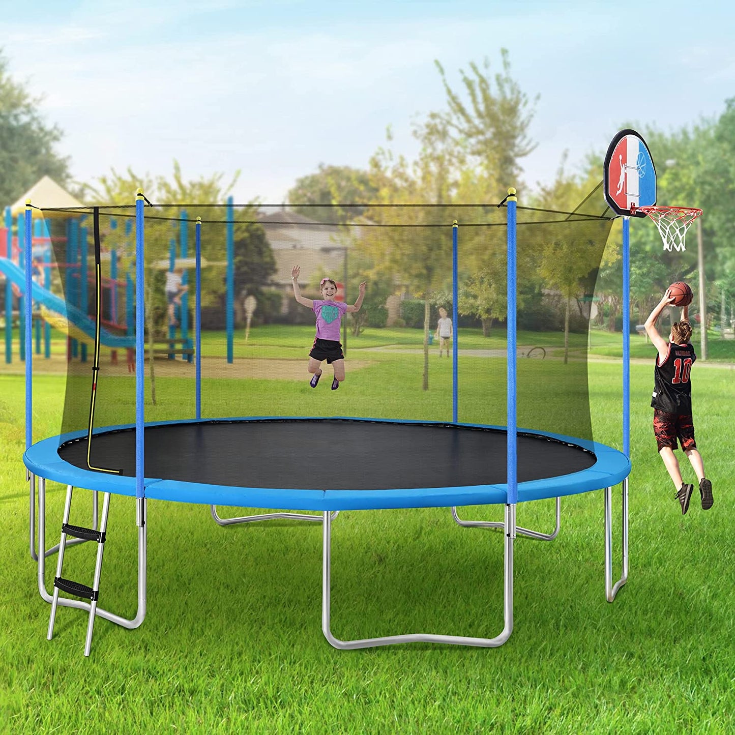 15-Foot Trampoline with Safety Enclosure, Basketball Hoop, and Ladder - ASTM Approved for 800 LB Capacity with Tricolor Backboard
