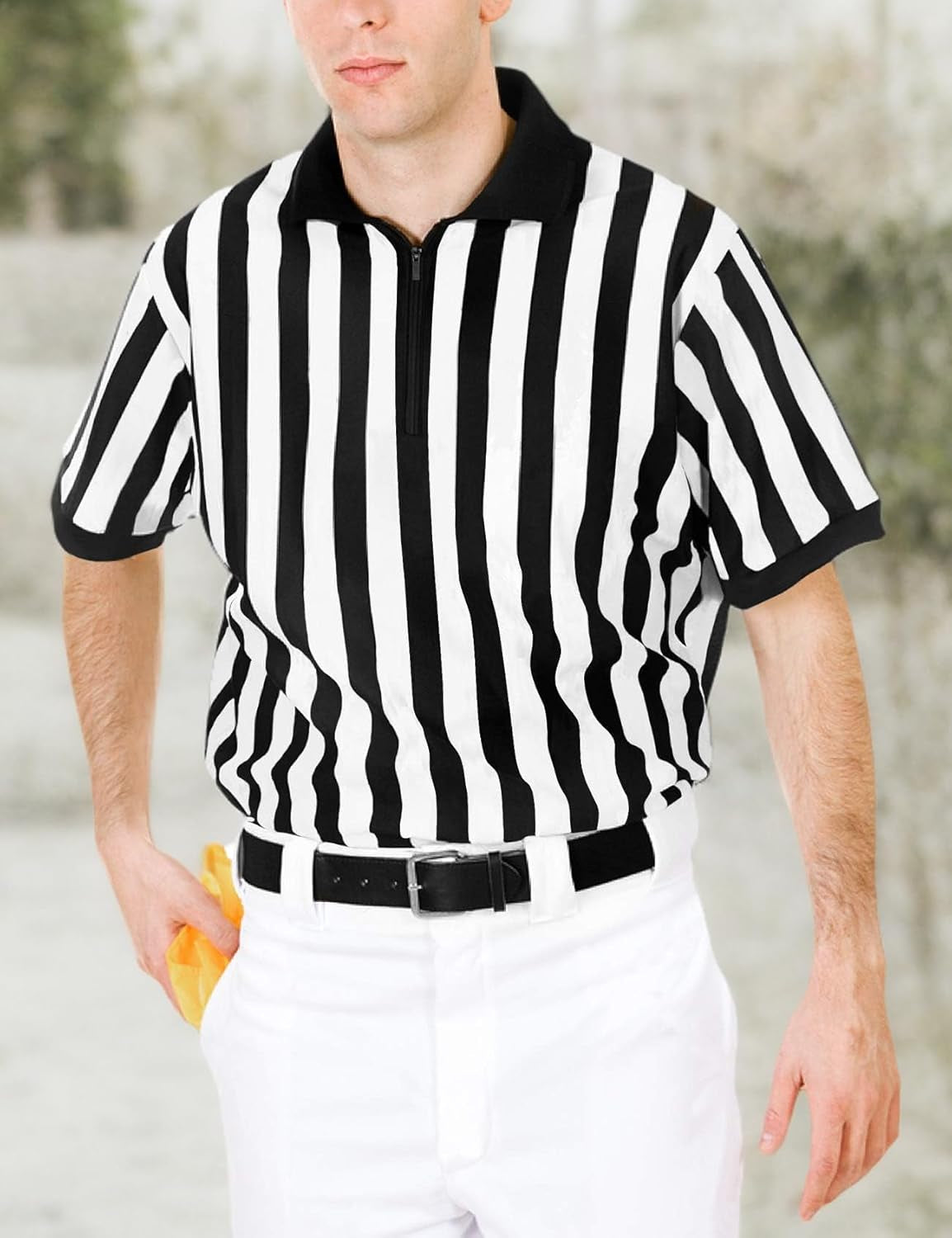 Mens Official Black & White Stripe Referee Shirt Zipper Collared Short Sleeve Umpire Jersey Costume Ref Uniform