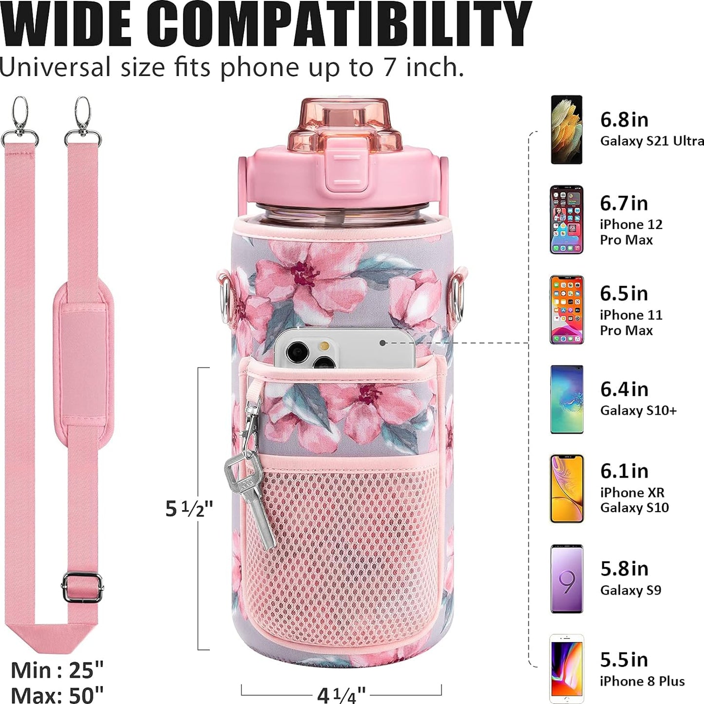 Half Gallon Water Bottle with Sleeve & Strap 64 OZ Water Bottle Motivational with Straw & Time Marker to Drink Leakproof Tritan BPA Free Workout Gym Sport Water Jug Women Men with Neoprene Holder