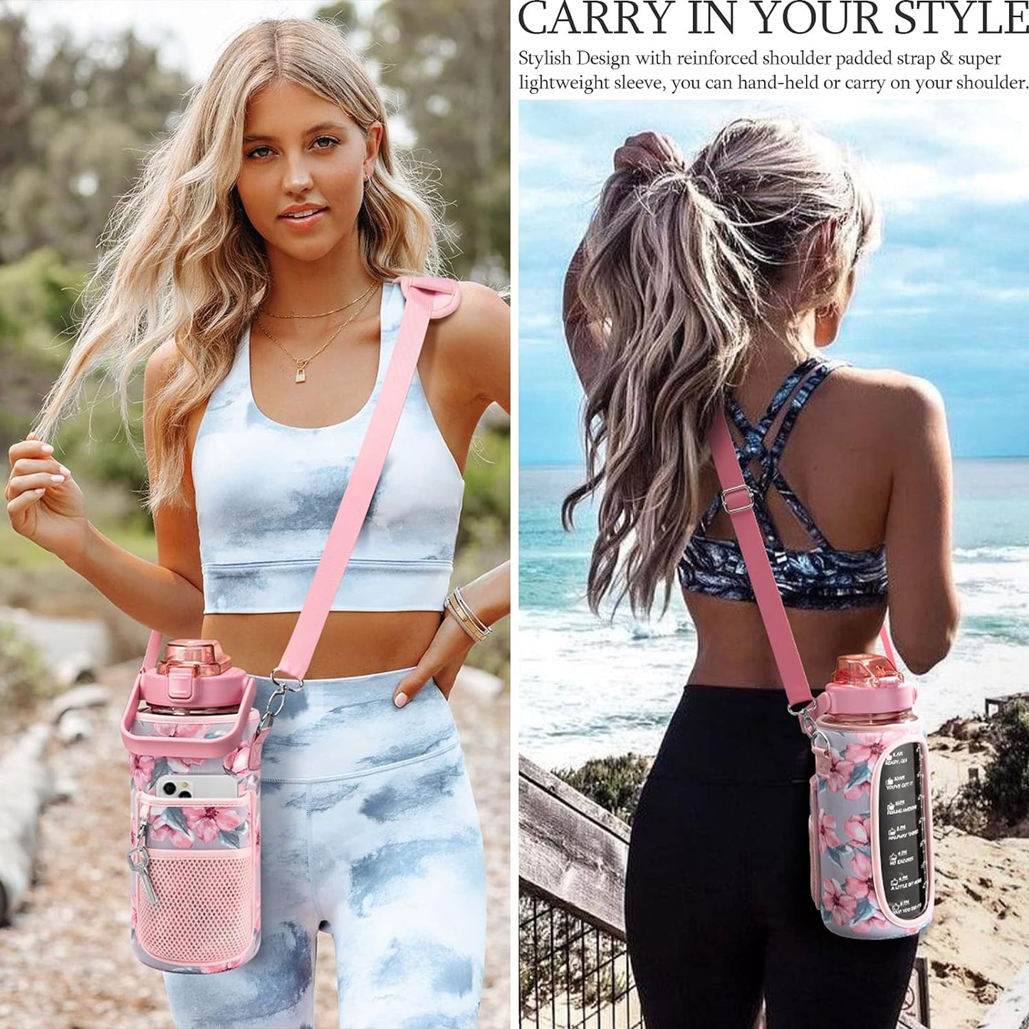 Half Gallon Water Bottle with Sleeve & Strap 64 OZ Water Bottle Motivational with Straw & Time Marker to Drink Leakproof Tritan BPA Free Workout Gym Sport Water Jug Women Men with Neoprene Holder