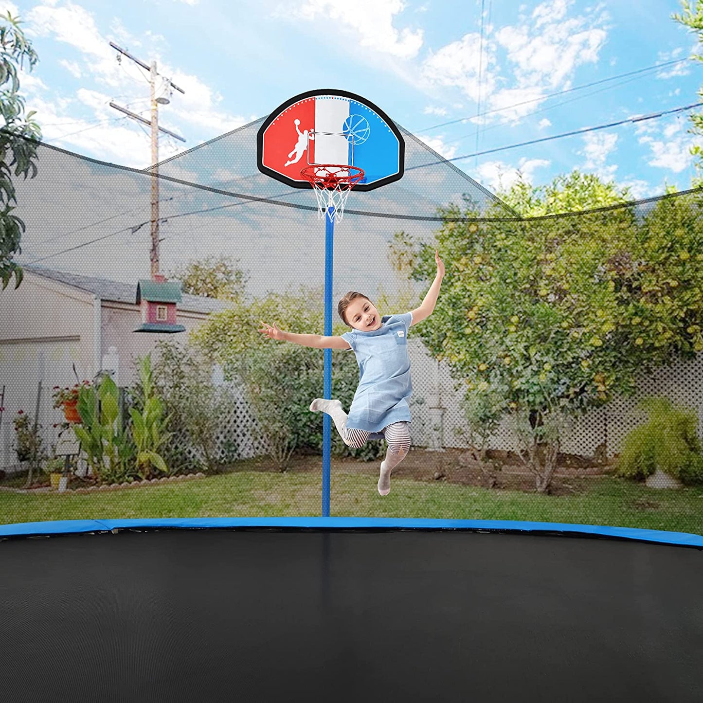 15-Foot Trampoline with Safety Enclosure, Basketball Hoop, and Ladder - ASTM Approved for 800 LB Capacity with Tricolor Backboard