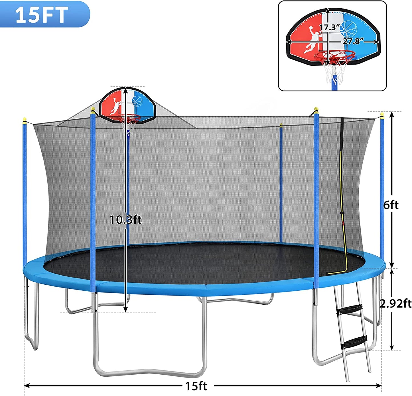 15-Foot Trampoline with Safety Enclosure, Basketball Hoop, and Ladder - ASTM Approved for 800 LB Capacity with Tricolor Backboard
