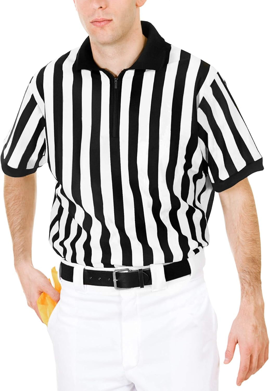 Mens Official Black & White Stripe Referee Shirt Zipper Collared Short Sleeve Umpire Jersey Costume Ref Uniform