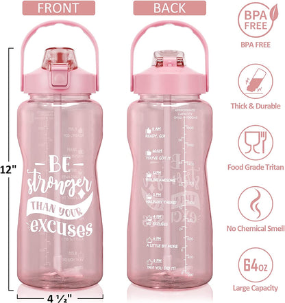 Half Gallon Water Bottle with Sleeve & Strap 64 OZ Water Bottle Motivational with Straw & Time Marker to Drink Leakproof Tritan BPA Free Workout Gym Sport Water Jug Women Men with Neoprene Holder