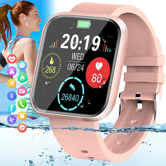 Smartwatch Fitness Tracker with Blood Pressure and Heart Rate Monitor, IP67 Waterproof, Bluetooth Connectivity, Touch Screen Sports Watch for iOS and Android, Pink