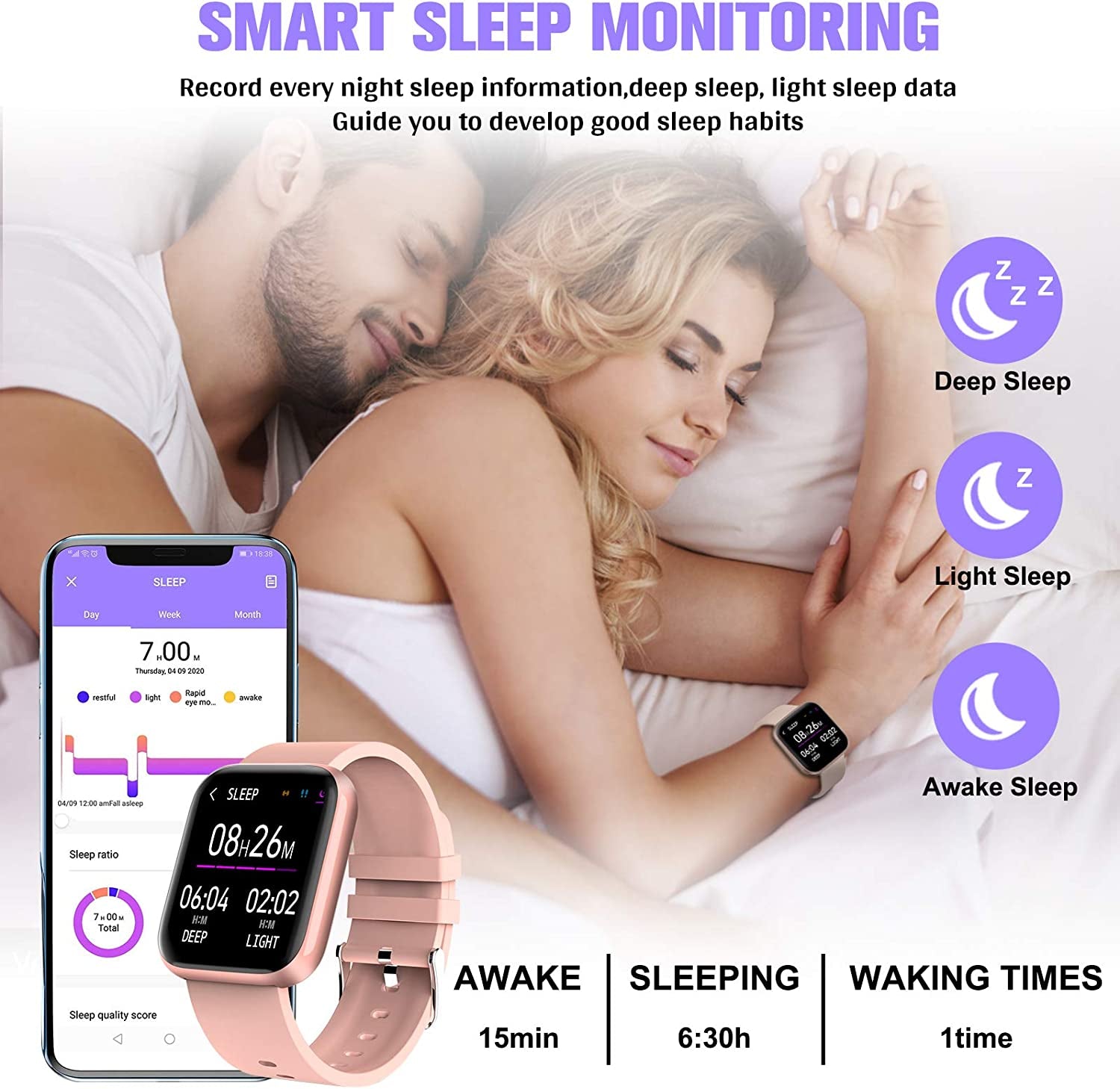 Smartwatch Fitness Tracker with Blood Pressure and Heart Rate Monitor, IP67 Waterproof, Bluetooth Connectivity, Touch Screen Sports Watch for iOS and Android, Pink