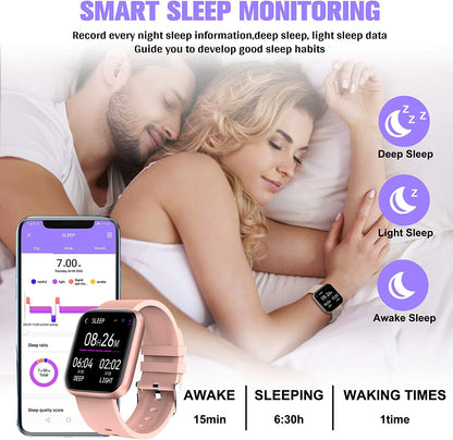 Smartwatch Fitness Tracker with Blood Pressure and Heart Rate Monitor, IP67 Waterproof, Bluetooth Connectivity, Touch Screen Sports Watch for iOS and Android, Pink