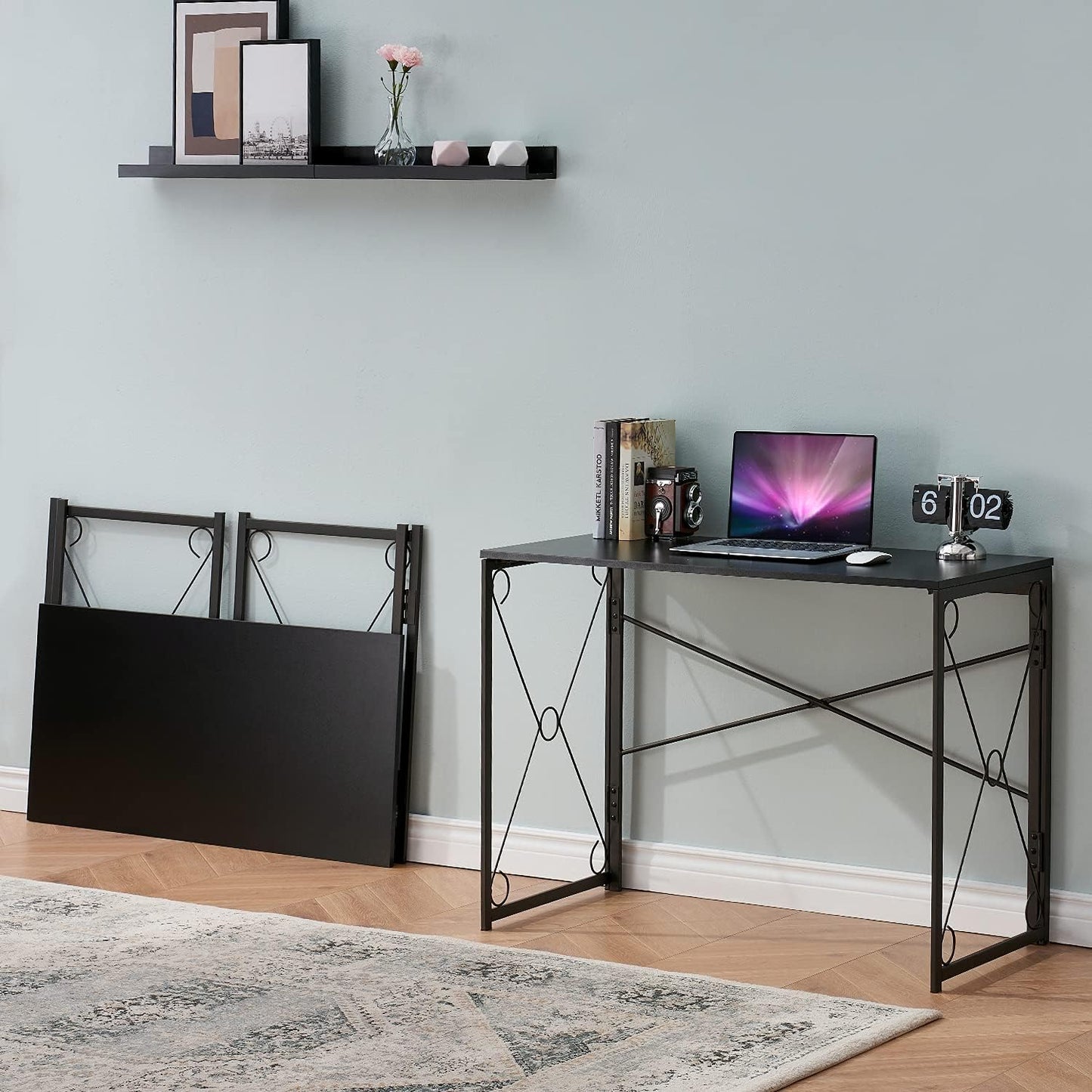 Folding Computer Desk 39.4'', Simple Laptop Table Home Office Workstation for Reading Writing, No Assembly Needed, Small Space, Black