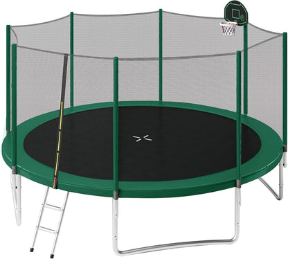 14FT and 16FT Trampolines for Kids and Adults with Basketball Hoop, Enclosure Net, and Ladder - 1500LBS ASTM Approved Outdoor Recreational Trampolines