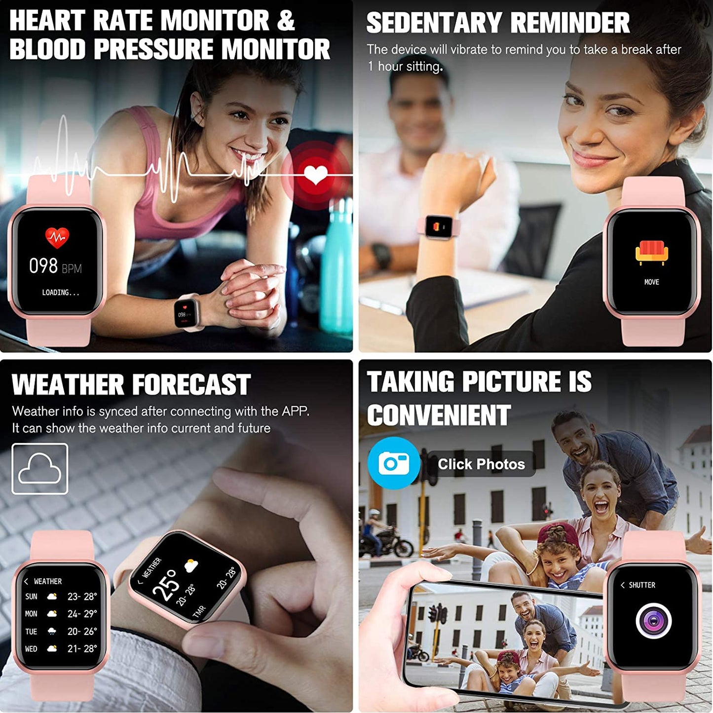 Smartwatch Fitness Tracker with Blood Pressure and Heart Rate Monitor, IP67 Waterproof, Bluetooth Connectivity, Touch Screen Sports Watch for iOS and Android, Pink