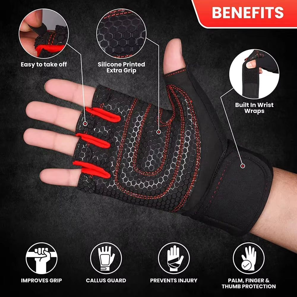 Professional Half Finger Fitness Gloves for Men and Women with Wrist Support for Weight Lifting and Riding - Non-Slip Design for Horizontal Bar Training