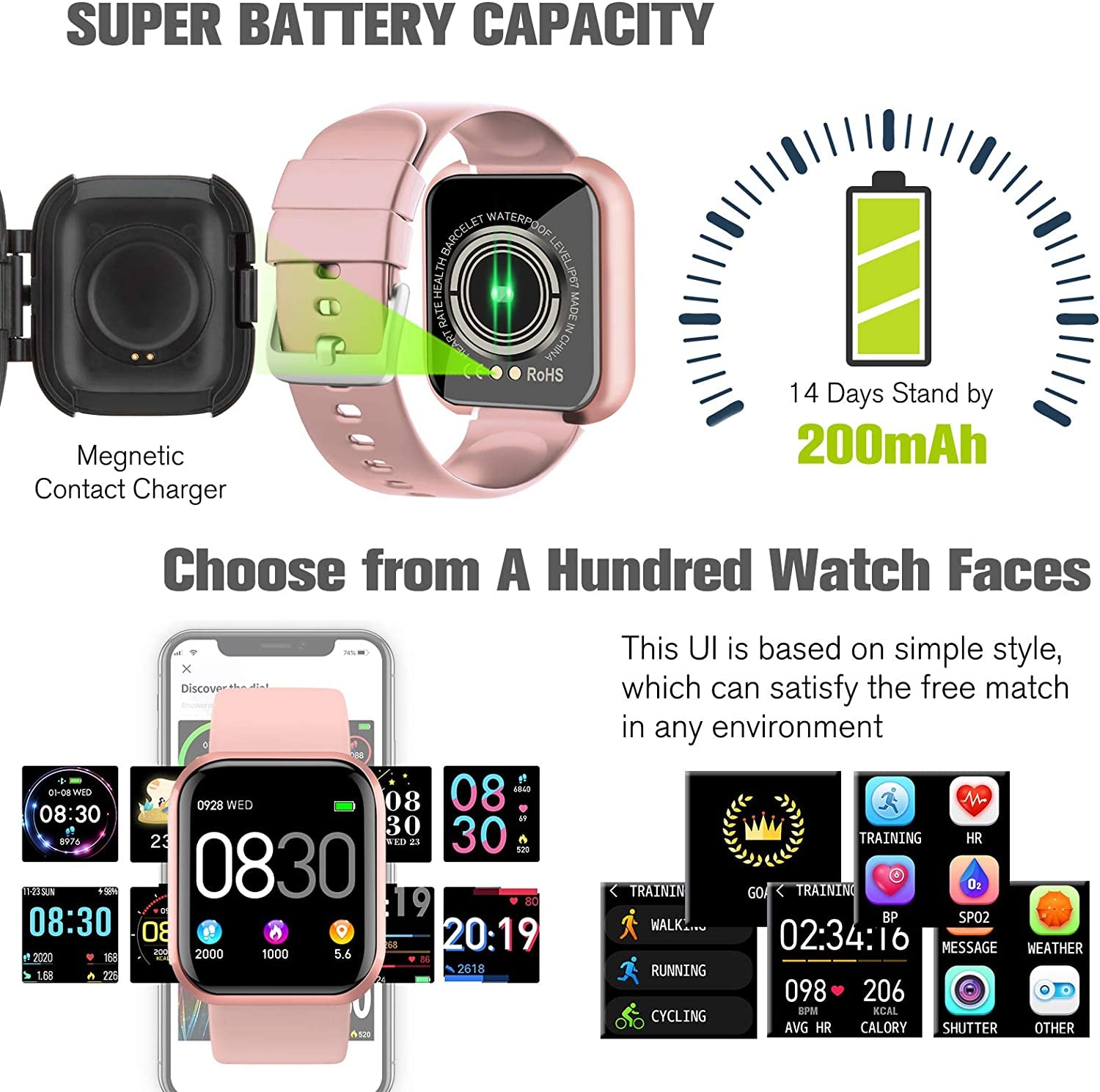 Smartwatch Fitness Tracker with Blood Pressure and Heart Rate Monitor, IP67 Waterproof, Bluetooth Connectivity, Touch Screen Sports Watch for iOS and Android, Pink