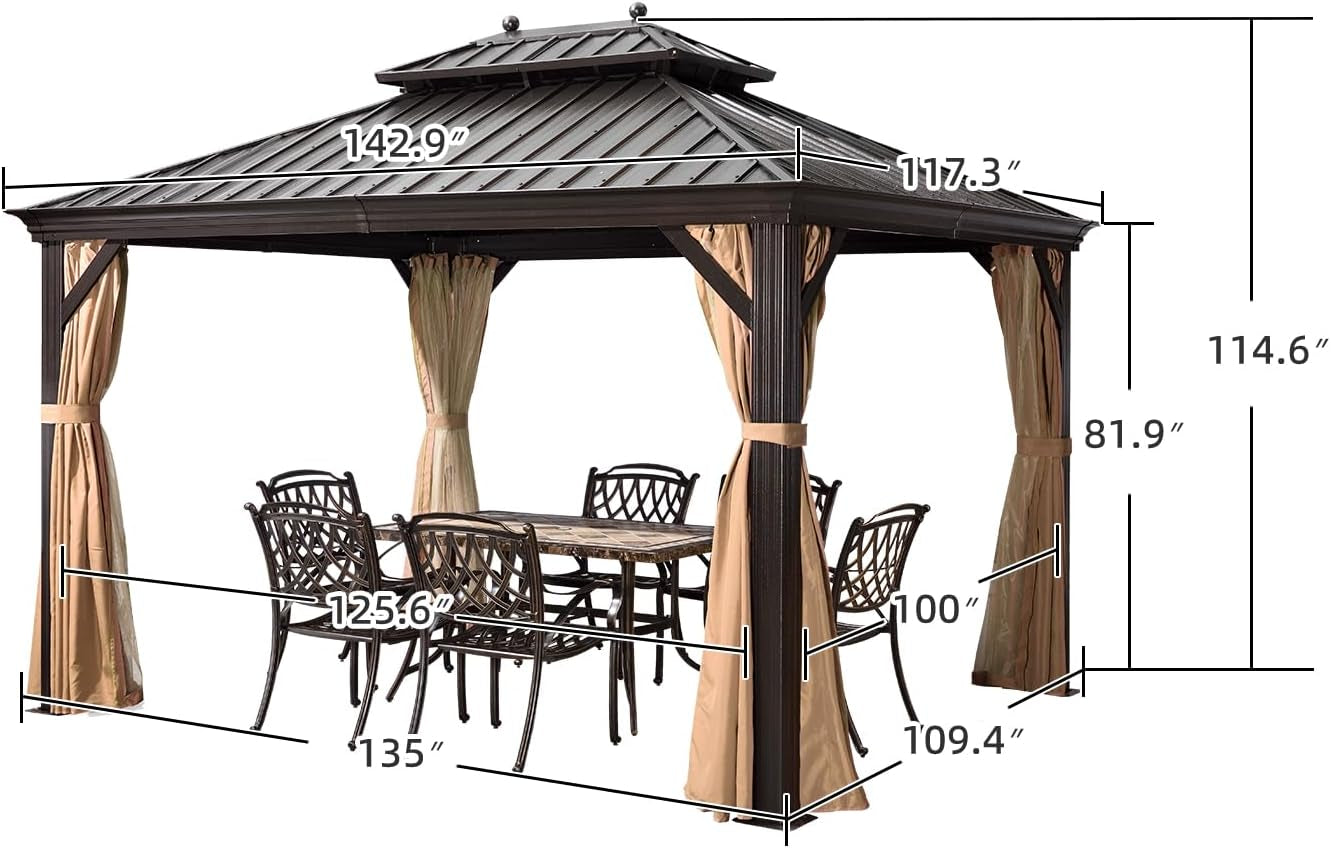 10' x 12' Hardtop Gazebo with Metal Roof, Netting, and Curtains - Permanent Outdoor Pavilion for Backyard, Patio, Deck, and Garden