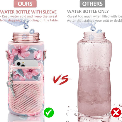 Half Gallon Water Bottle with Sleeve & Strap 64 OZ Water Bottle Motivational with Straw & Time Marker to Drink Leakproof Tritan BPA Free Workout Gym Sport Water Jug Women Men with Neoprene Holder