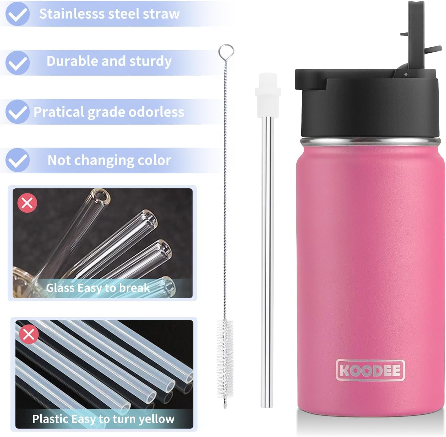 12 Oz Water Bottle with Straw- Stainless Steel Double Wall Vacuum Insulated Wide Mouth Flask with Straw Lid, Sports Metal Water Bottle for Girls and Boys (Canyon Red)