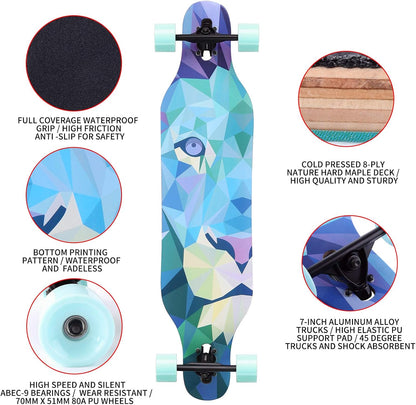 41 Inch Freeride Longboard Drop through Skateboard 8 Ply Canadian Maple Complete Cruiser for Cruising, Carving, Free-Style and Downhill