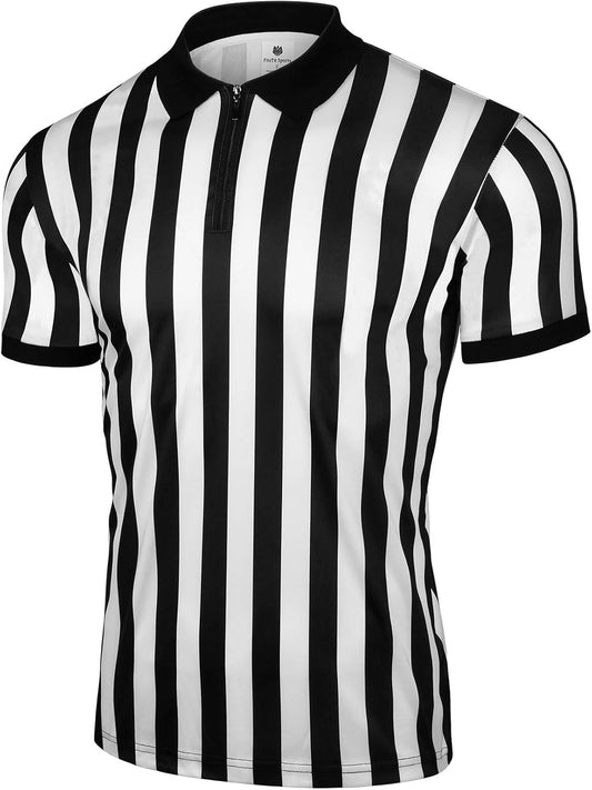 Mens Official Black & White Stripe Referee Shirt Zipper Collared Short Sleeve Umpire Jersey Costume Ref Uniform