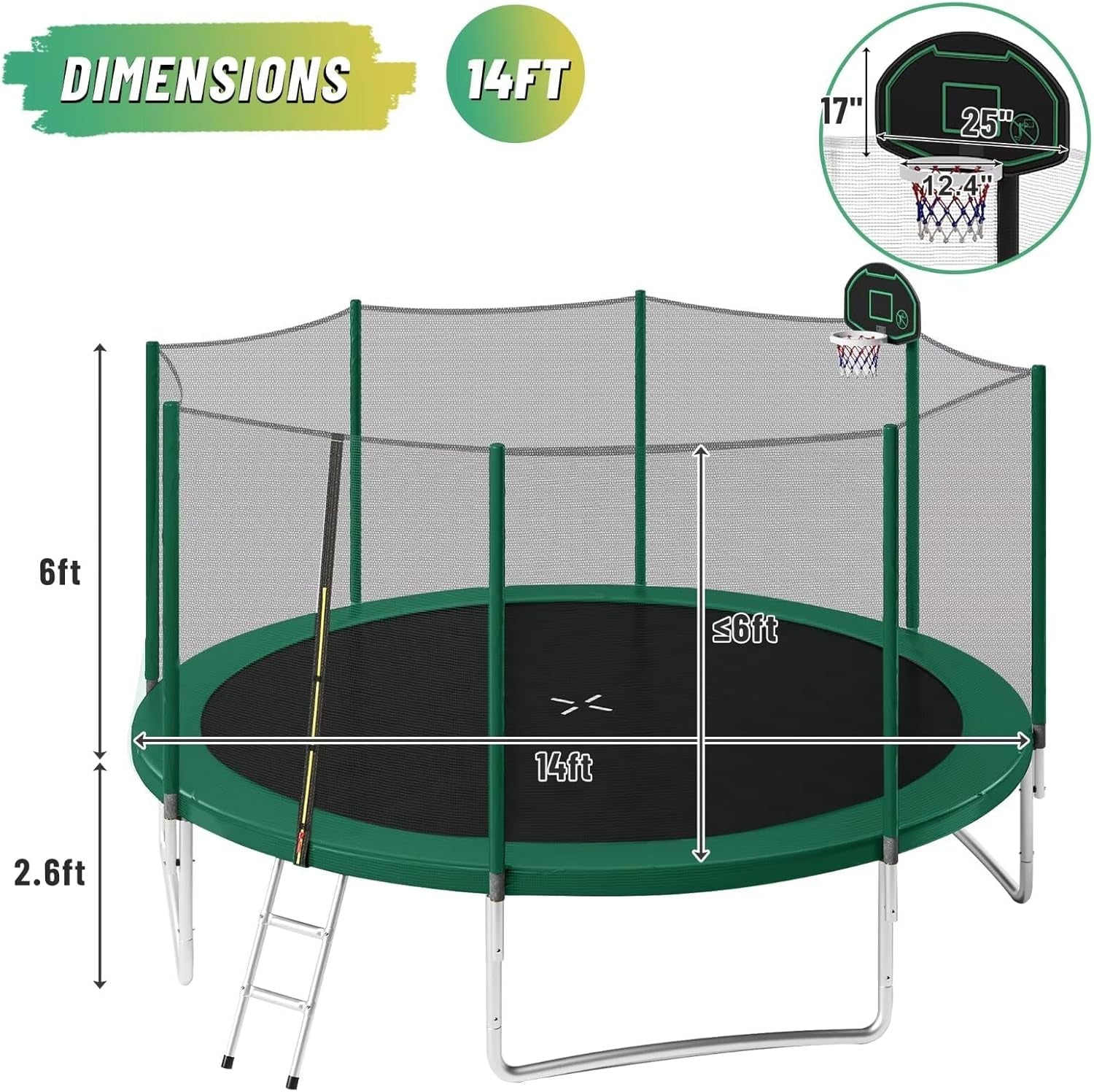 14FT and 16FT Trampolines for Kids and Adults with Basketball Hoop, Enclosure Net, and Ladder - 1500LBS ASTM Approved Outdoor Recreational Trampolines