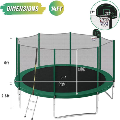 14FT and 16FT Trampolines for Kids and Adults with Basketball Hoop, Enclosure Net, and Ladder - 1500LBS ASTM Approved Outdoor Recreational Trampolines