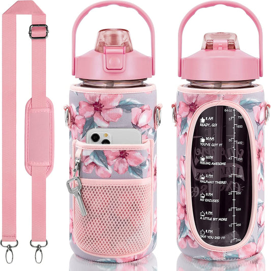 Half Gallon Water Bottle with Sleeve & Strap 64 OZ Water Bottle Motivational with Straw & Time Marker to Drink Leakproof Tritan BPA Free Workout Gym Sport Water Jug Women Men with Neoprene Holder