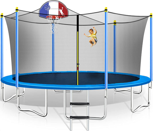 15-Foot Trampoline with Safety Enclosure, Basketball Hoop, and Ladder - ASTM Approved for 800 LB Capacity with Tricolor Backboard