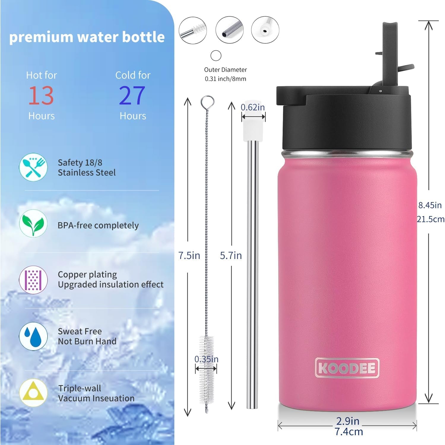 12 Oz Water Bottle with Straw- Stainless Steel Double Wall Vacuum Insulated Wide Mouth Flask with Straw Lid, Sports Metal Water Bottle for Girls and Boys (Canyon Red)