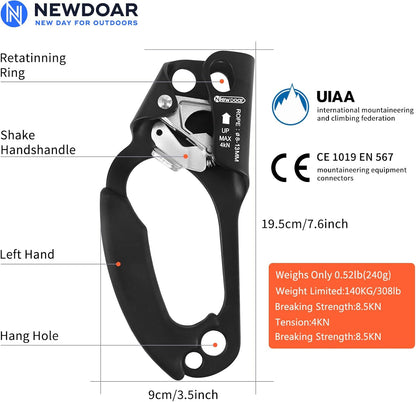 UIAA & CE Certified Hand Ascender Rock Climbing Tree Arborist Rappelling Gear Equipment Rope Clamp for 8~13MM Rope