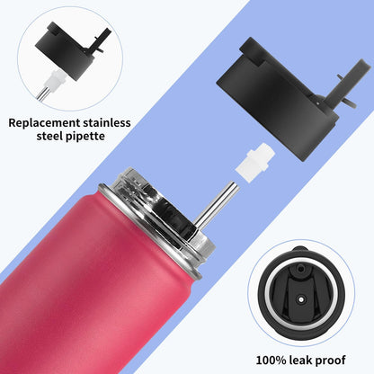 12 Oz Water Bottle with Straw- Stainless Steel Double Wall Vacuum Insulated Wide Mouth Flask with Straw Lid, Sports Metal Water Bottle for Girls and Boys (Canyon Red)