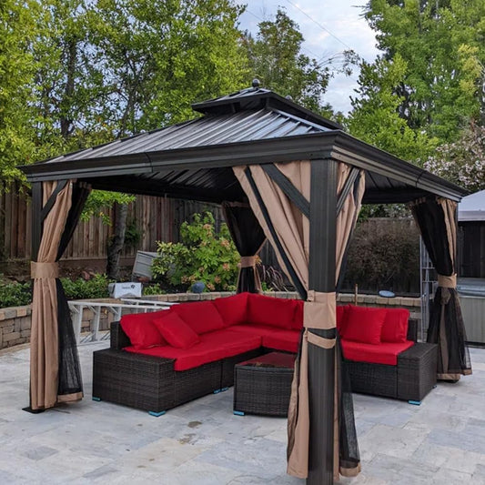 10' x 12' Hardtop Gazebo with Metal Roof, Netting, and Curtains - Permanent Outdoor Pavilion for Backyard, Patio, Deck, and Garden