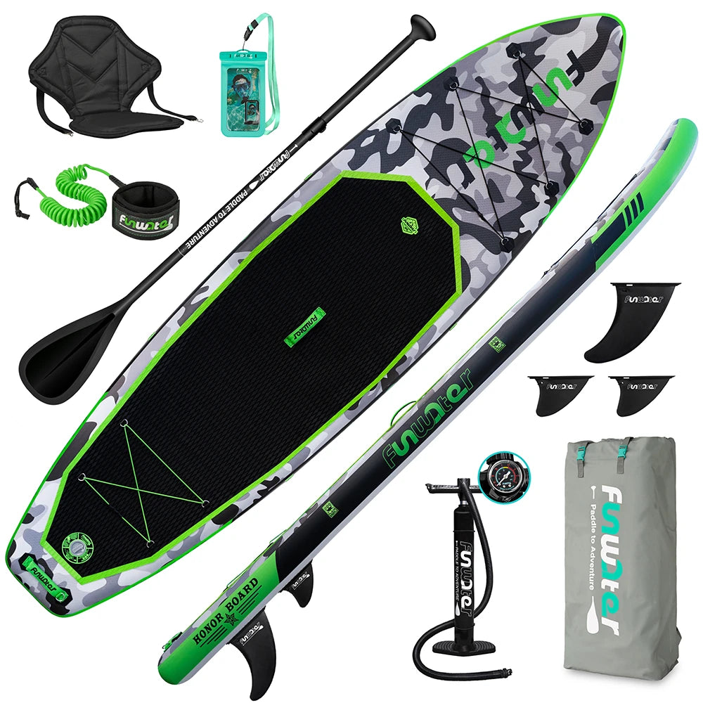 [US Direct]  Inflatable Paddle Board 12~15PSI Maximum Load 150KG Stand up Portable Surfboard Pulp Board with Chair ,Waterproof Phonecase, Air Pump, Backpack 330*84*15CM,SUPFW10A