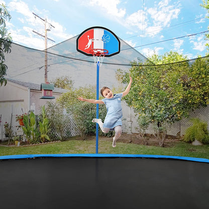 15-Foot Trampoline with Safety Enclosure, Basketball Hoop, and Ladder - ASTM Approved for 800 LB Capacity with Tricolor Backboard