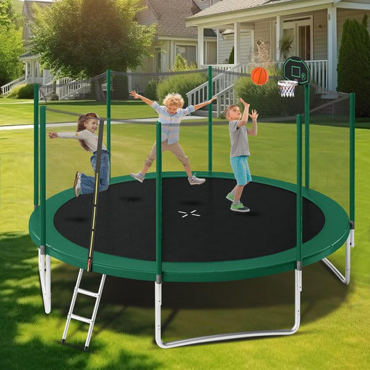 14FT and 16FT Trampolines for Kids and Adults with Basketball Hoop, Enclosure Net, and Ladder - 1500LBS ASTM Approved Outdoor Recreational Trampolines