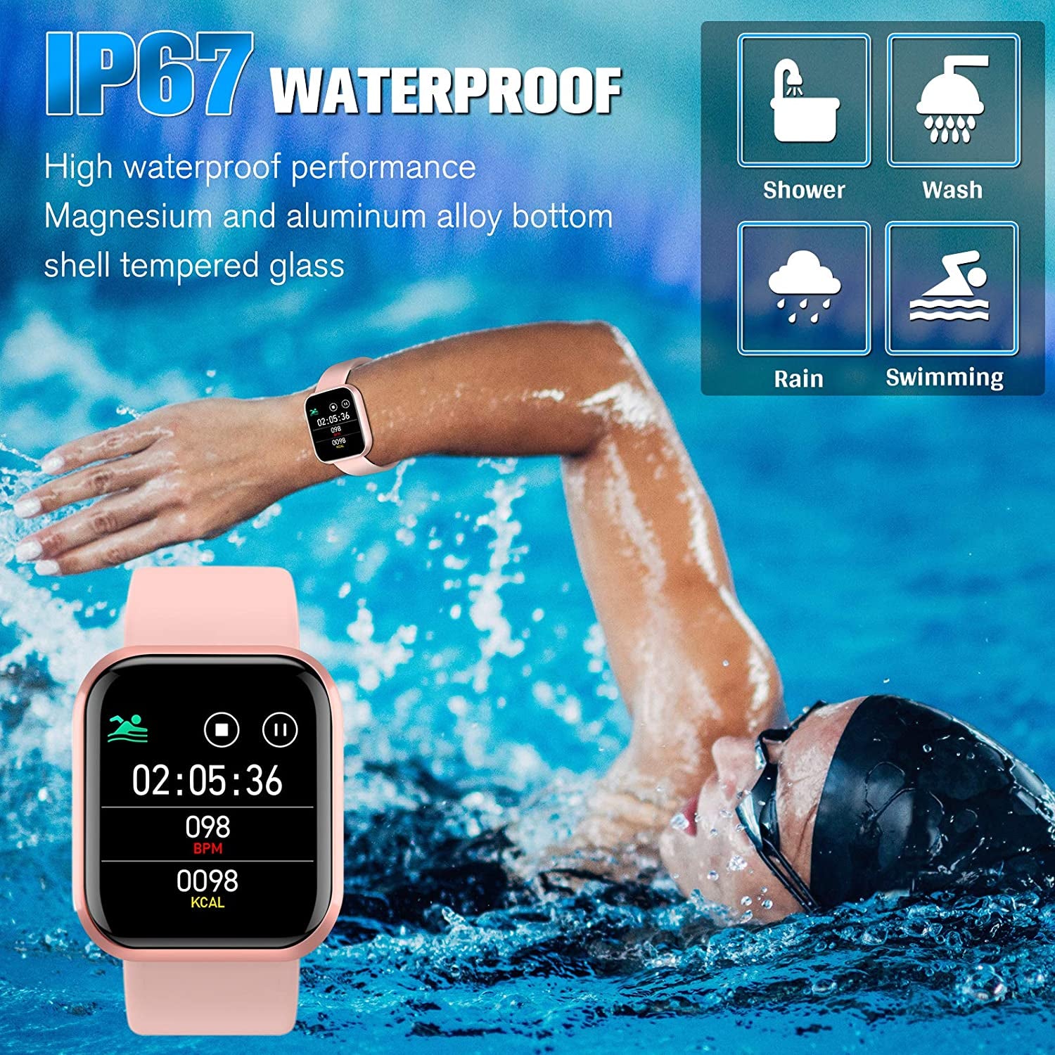Smartwatch Fitness Tracker with Blood Pressure and Heart Rate Monitor, IP67 Waterproof, Bluetooth Connectivity, Touch Screen Sports Watch for iOS and Android, Pink