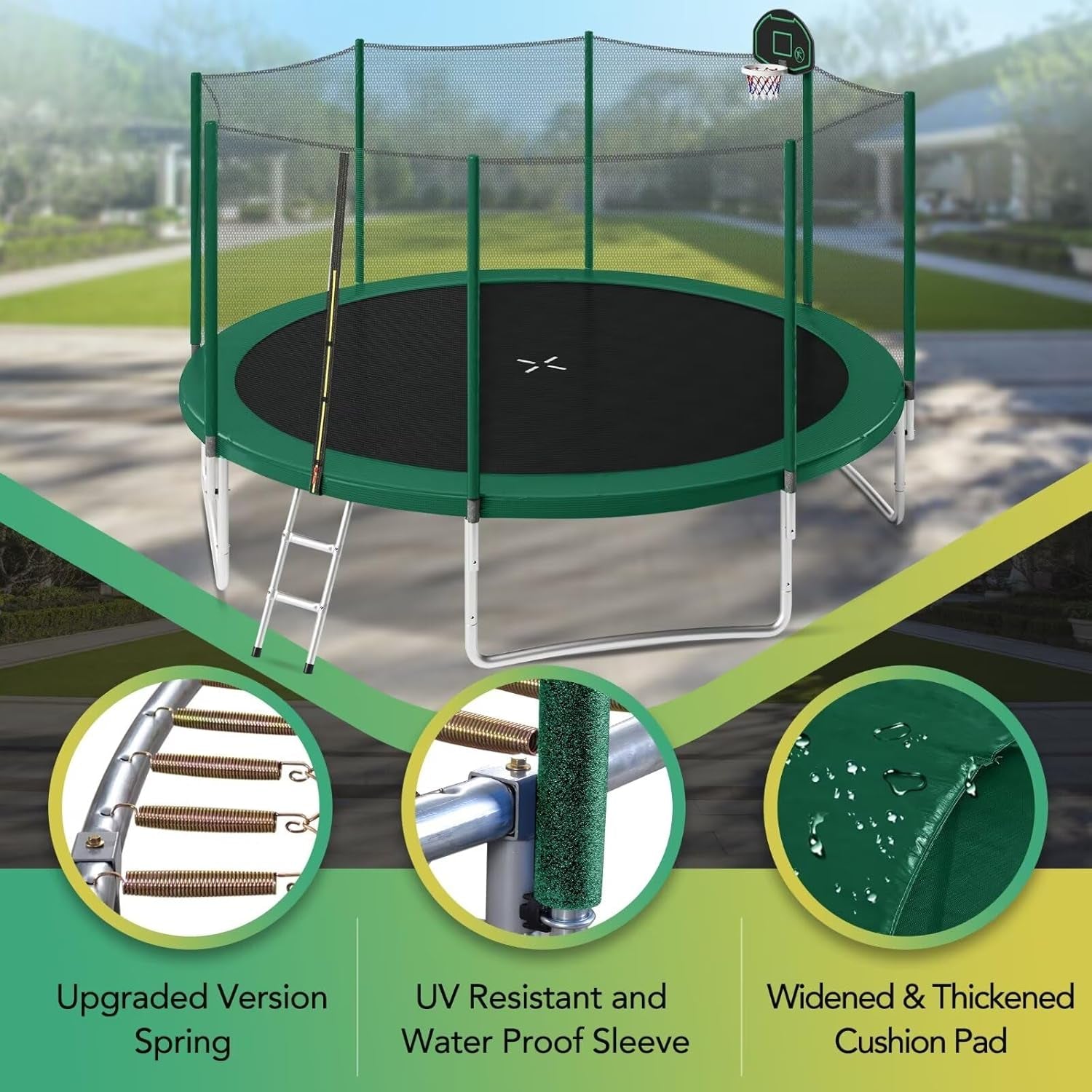 14FT and 16FT Trampolines for Kids and Adults with Basketball Hoop, Enclosure Net, and Ladder - 1500LBS ASTM Approved Outdoor Recreational Trampolines