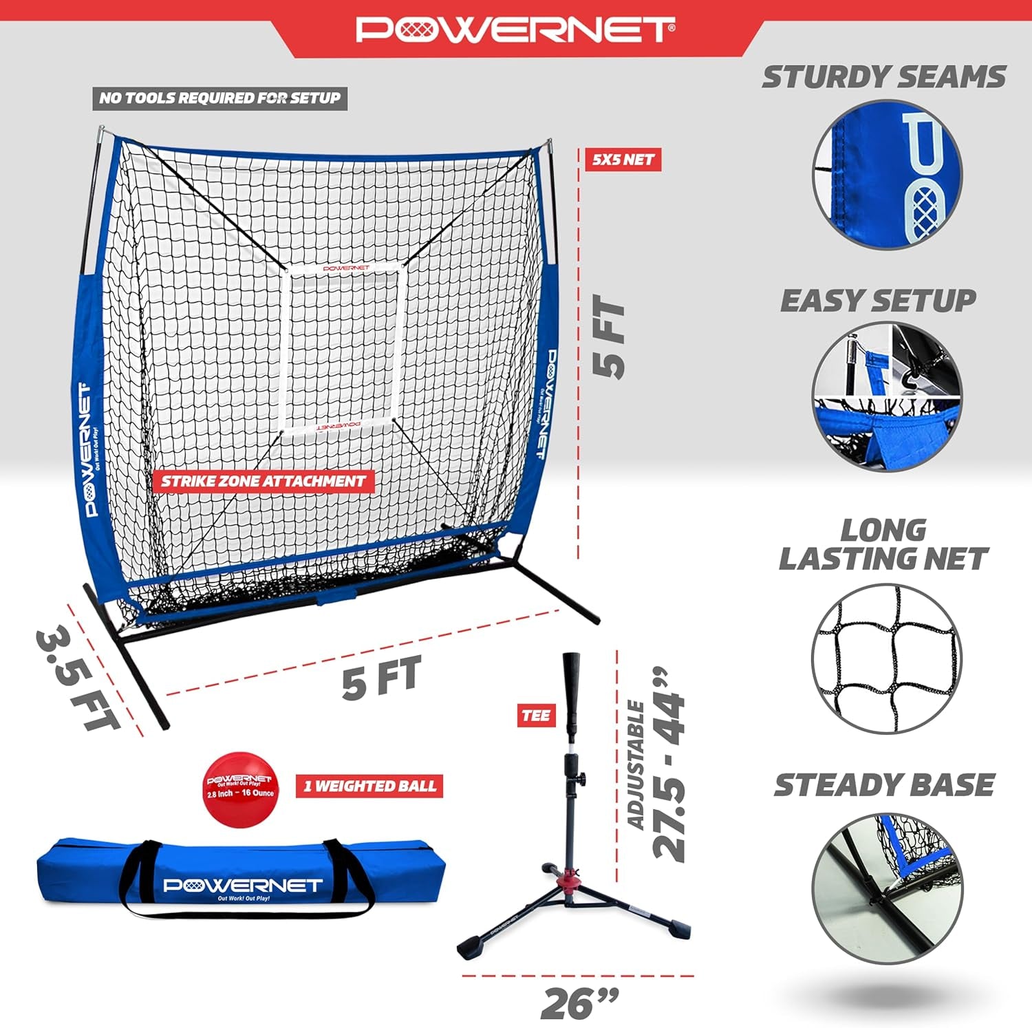 Baseball Net Bundle, 5X5 Travel Net with Softball Accessories for Hitting, Pitching, Training Equipment, Weighted Ball, Tee