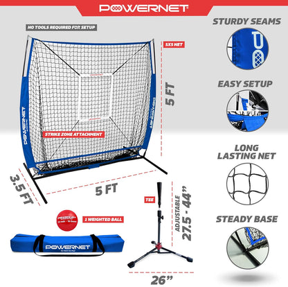 Baseball Net Bundle, 5X5 Travel Net with Softball Accessories for Hitting, Pitching, Training Equipment, Weighted Ball, Tee